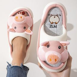 Cute cartoon pig linen slippers indoor home anti slip summer couple comfortable foot feel cotton linen breathable slippers