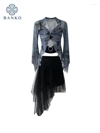 Work Dresses High Quality Outfits 3 Piece Skirt Set Hollow Out Camisole Diamonds Print Crop Top Black Gauze A-Line Asymmetrical Y2K