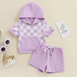 Clothing Sets Summer Toddler Infant Clothes For Girls Boys Fashion Short Sleeve Checkerboard Print Hooded Tops Drawstring Shorts 2PCS Kid