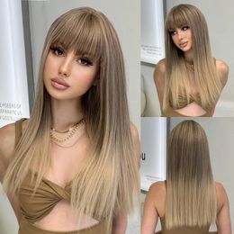 Light Golden Brown Gradient Wig with Bangs Long Straight S synthetic Hair Natural Cosplay Wigs for Women Party Heat Resistant 240419