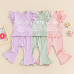 Clothing Sets Little Girls Ribbed Set Letter Print Round Neck Short Sleeve Tops Elastic Waist Flare Pants Toddler Summer Outfits