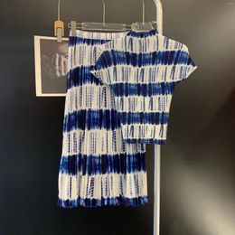Work Dresses Miyake Pleated Original Print Skirt Set Commuter Colorblocking Short Sleeve Corn Grain Temperament Top Women