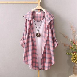 Women's Blouses Plaid Midi Shirt Women 2024 Spring Summer Loose Cotton Linen Casual Long Sleeve Shirts Thin T