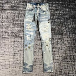 Мужские джинсы мода еврамериканец мужской джинсы нерегулярные блеск с брызговицами джинсовые брюки High Street Punk Мужской стройной растяжение. Брюки с карандашом 240423
