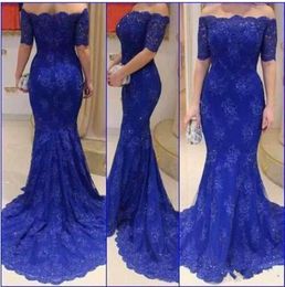 Custom Make Mermaid OffShoulder Royal Blue Beads Lace Evening Dresses Long Half Sleeve FloorLength Prom Gowns 1152260