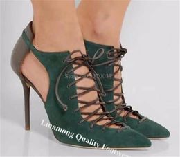 Dress Shoes Linamong Patchwork Cu-out Thin Heel Pumps Sexy Pointed Toe Lace-up Stiletto Formal Wedding Heels Big Size