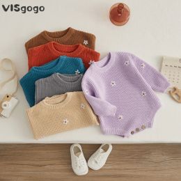 One-Pieces VISgogo 024M Baby Boys Girls Sweater Rompers Fall Winter Clothes Flower Embroidery Crew Neck Long Sleeve Knit Bodysuits