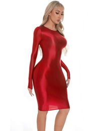 Sexy Satin Smooth Bodycon Long Sleeve Wrap Hip Pencil Dresses Women's Skinny Clubwear High Elastic Show Body Miniskirts