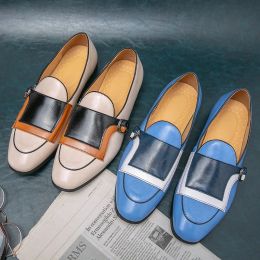 Luxury Blue Elegant Leather Shoes Men Large Size 48 Brand Handmade Men's Loafers Casual Designer Oxfords Men Flats Dress Shoes