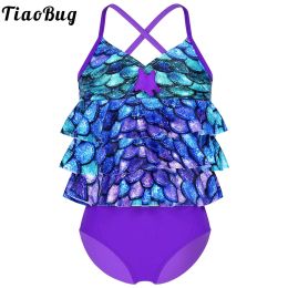 Swimwear Fish Scales Swimwear for Girls 314 Years Old Sleeveless Tube Top Mermaid Scales Printed Bikini Swimsuit Swimwear Bathing Suit