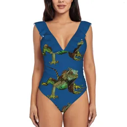 Women's Swimwear Blue Graphic Iguana Ruffled One-Piece Swimsuit Women Sexy Monokini Beach Bathing Suits Lizard Iguanas