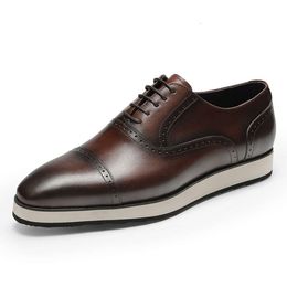 2024 Summer Men Genuine Wingtip Leather Platform Oxford Pointed Toe Lace-up Oxfords Dress Brogues Handmade Wedding Shoes