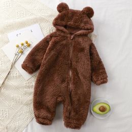 One-Pieces Winter Baby Rompers Girls Solid Fleece Warm Soft Bear Ear Jumpsuit Infant Hooded Long Sleeve SkinFriendly Rompers Baby Clothes