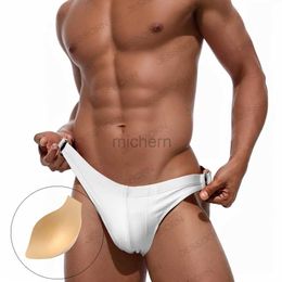 Men's Swimwear Sexy Mens Double Metal Ring Swim Briefs Low Waist Bikini Surf Swimwear Nylon Gay Pouch Pad Push Up Swimsuit Solid Bathing Suit d240424