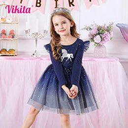 VIKITA Unicorn Kids Dresses For Girls Flying Sleeve Cotton Princess Dress Winter Children Birthday Party Clothing 240416