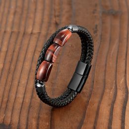 Moon Shape 100% Natural Tiger Eye Stone Vintage Jewellery Leather Rope Charm Bracelet 316L Stainless Steel Unisex 240423