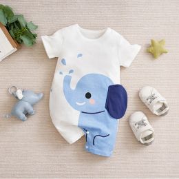 One-Pieces Baby Boys And Girls, Newborn Children's Clothing Cute Cartoon Light Blue Elephant Cotton Short Sleeved Summer Jumpsuit