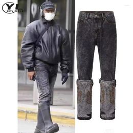 Men's Jeans Legs Detachable Wash Men Embroidery Pattern Retro Straight Baggy Denim Pants Male Oversized Autumn Distressed Trousers