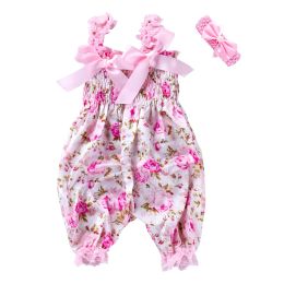 One-Pieces Kids Jumpsuit with Headband, Girls Dots/ Flower/ Leopard Print Sleeveless Romper with Elastic Shoulder Strap+ Headwear