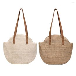 Drawstring Straw Beach Women Handbag Handmade Woven Vintage Summer Shoulder Top-Handle Bags