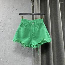 Women's Shorts Candy Coloured Distressed Denim High Waisted Green A-line Pants 2024 Summer Korean Wide Leg Female