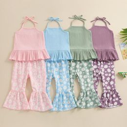 Clothing Sets Little Girls 2 Piece Outfits Sleeveless Tie-Up Halter Neck Ribbed Ruffled Tops Daisy Flare Pants Summer Set For Toddler