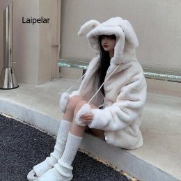 Sweatshirts Spring fluffy jacket with rabbit ears raglan sleeve zipper Oversize light soft harajuku kawaii faux fur hoodie 2021