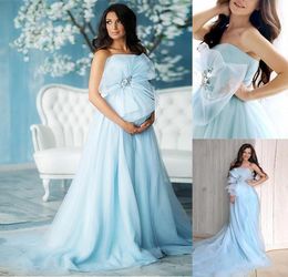 Strapless Light Sky Blue Maternity Dresses Evening Gowns Custom Made Tulle Long Sweep Train Pography Dress Pregnant Women Prom 9328825
