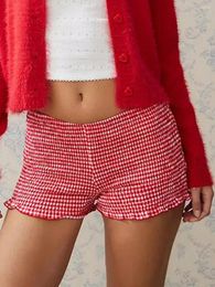 Women's Shorts Fashion Womens Summer Casual Pyjama Red Elastic Band Ruffle Trim Plaid Lounge Skin Friendly S M L
