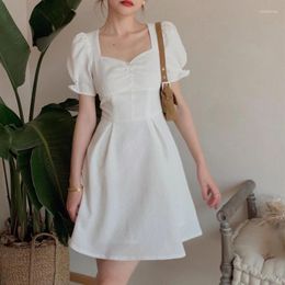 Party Dresses Korean Office Lady 2024 Summer Square Collar Elegant Mini Dress Women Puff Sleeve V-neck Sexy Kawaii
