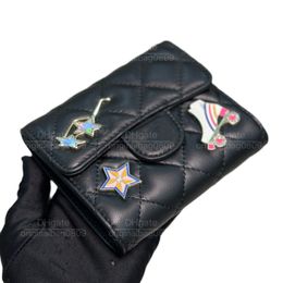 12A Top -Qualität -Designer -Brieftaschen Neues klassisches schwarzes Schaffell mit leichter Goldschnalle Sternstern Triple Fold Wallets und Diamond Design Damen -Luxus -Geldbörse mit Originalschachtel.