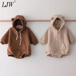 One-Pieces Baby clothes fall/winter boys plush ear sweatshirt romper girls baby newborn hooded onepiece romper jumper + fleece pants