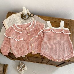 Sets Knitted Baby Girls Clothes Suit Ruffled Sweater Jacket+Sleeveless Rompers Set Baby Girls Spring Autumn Knitting Clothes Knitwear