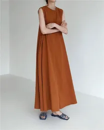 Casual Dresses Cotton Linen Tank Maxi Dress Women Summer Korean Loose Sleeveless Hem Long 4 Colours 2024