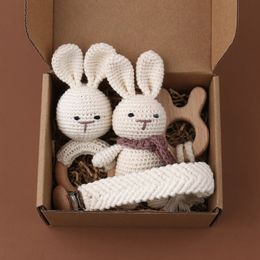 1 Set DIY Crochet Rabbit Baby Teether born Bunny Rattle Toy Wooden Molar Teething Ring Pacifier Clips Chain Stuff 240415