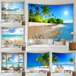 Tapestries Seaside Beach Landscape Tapestry Outdoor Ocean Waves Tropical Palm Trees Summer Scenery Home Garden Wall Hanging Art Deco Mural