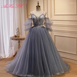 Party Dresses AnXin SH Princess Grey Flower Lace Evening Dress Vintage Spaghetti Strap Beading Button Bride Ball Gown Sparkly