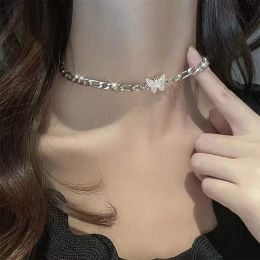 Necklaces Hip Hop Silver Colour Butterfly Necklace Vintage Crystal Butterfly Thick Chain Choker Necklace For Women Rock Street Jewellery