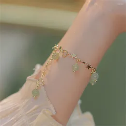 Charm Bracelets Exquisite Green Imitation Jade Beaded Bracelet For Women Chinese Style Vintage Gold Colour Leaves Double Layer Jewellery