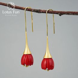 Earrings Lotus Fun Real 925 Sterling Silver Red Coral Handmade Designer Fine Jewellery Lily of the Valley Flower Drop Earrings for Women