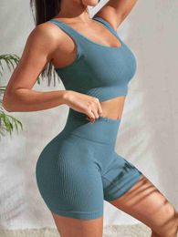 Active Sets Seamless Ribbed Yoga Sets Workout Sets for Women 2 Pieces Gym Suits Ribbed Crop Tank High Waist Shorts Outfits Fitness Running 240424