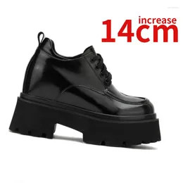 Casual Shoes Invisible Heightening For Women's Genuine Leather Comfortable Increased 14CM Ultra High Heels Thick Sole Black Shoe