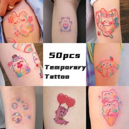 Tattoos 50 Sheets Temporary Tattoo Sticker Cartoon Graffiti Fake Tattoo Waterproof Water Transfer Cute Rabbit Printed Face Arm Sticker