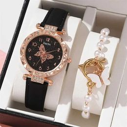 Wristwatches 1/2PCS Women Watch Set Quartz Wristwatch Luxury Crystal Rhinestone Pearl Quartz Watches Butterfly Watches Bracelet Set No Box 240423