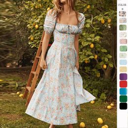 Summer Fashion Puff Sleeve Floral Lace Up Split Dress For Women