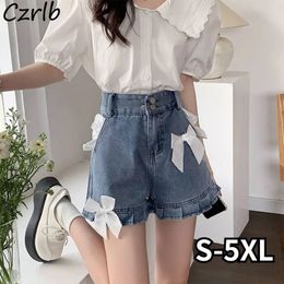 Bow Denim Shorts Women Girlish S-5XL Lace Summer Age-reducing Aesthetic Korean Style High Waist Casual Loose Charming 240418