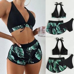 Women Sexy Beach Bikinis Three Pieces Bikini Set High Waist Swimsuit Swimwear Leaf Print Bathing Suit Beachwear Bath 240410