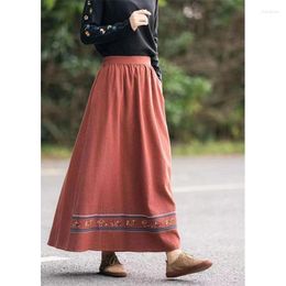 Skirts Summer Ethnic Style Vintage Embroidery Ankle Length Skirt Female Elastic High Waist Cotton Linen Casual Fashion All-match