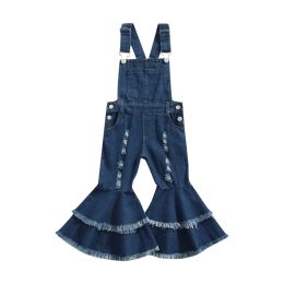 Sets 37years Girls Suspender Trousers, Blue Solid Colour Sleeveless Overalls with Ruffled Hem and Broken Holes