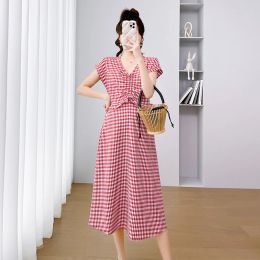 Supplies 2023 Summer Pregnant Woman Red Plaid Dress Fashion Drawstring VNeck High Waist Maternity ALine Dress Female Elegant Clothes